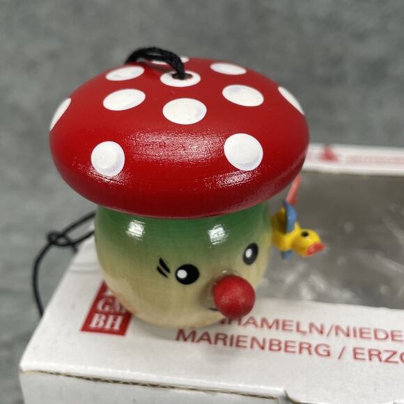 Vintage Steinbach Christmas Tree Ornament Wooden Mushroom with Bird Handcrafted - Picture 3 of 7